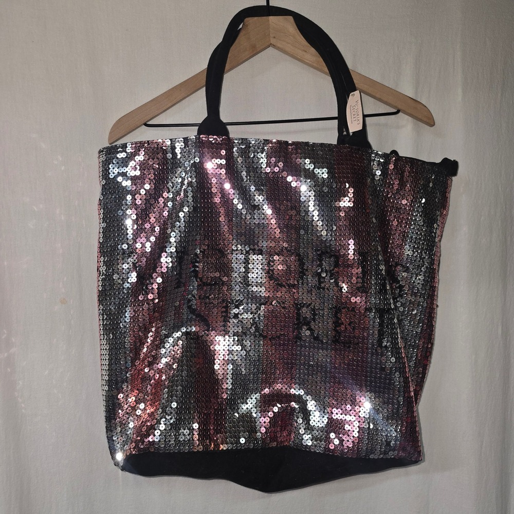 Victoria's Secret Sequin Tote Bag Women OS Pink Silver Canvas Glam Y2K NWT
